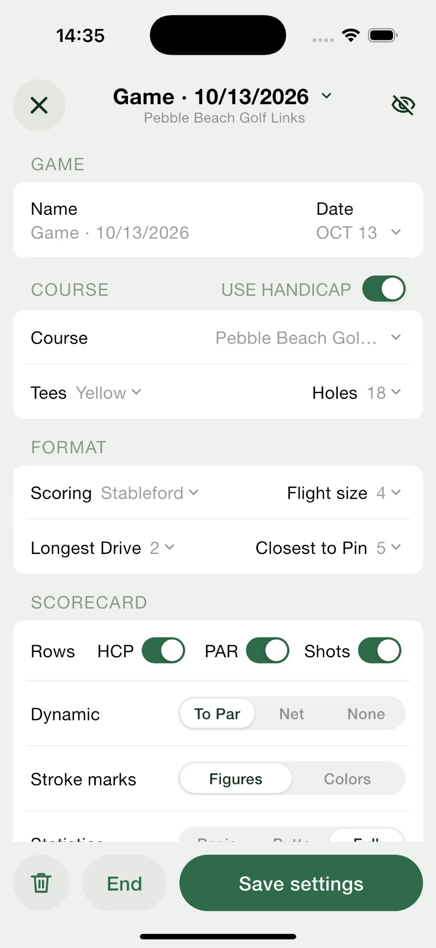 Tee.box — Round Settings screen