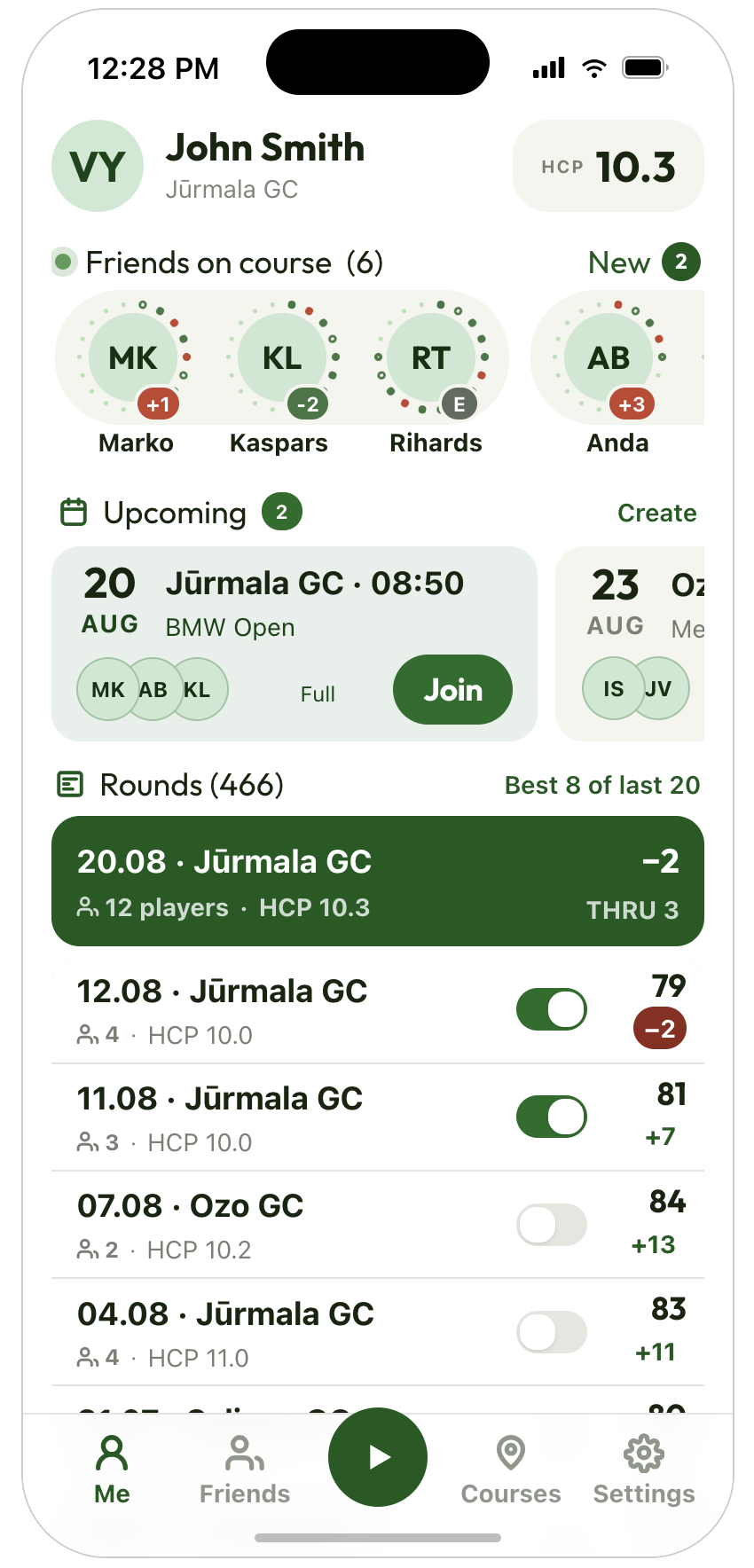 Tee.Box mobile app screenshot showing player profile, friends on course, upcoming games, and recent rounds